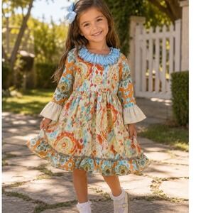 Sage & Lilly Girls Orange Paisley Floral Ruffle Boutique Dress Long Sleeve Sz 5